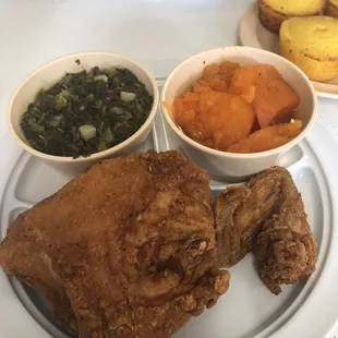 Fried chicken, yams and greens.