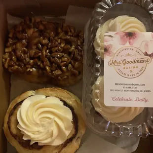 Pecan Roll, Red Velvet cupcakes, and Iced Cinnamon Roll