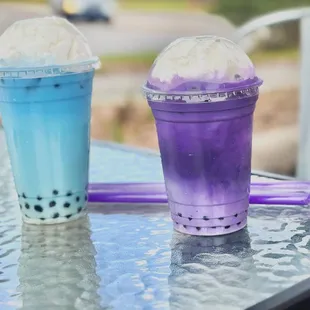 Butterfly pea flower boba tea and ube boba tea