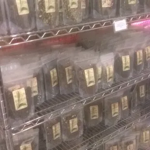 a display of tea bags