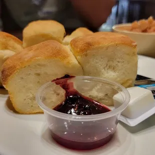 Biscuits with boysenberry jam and butter. Super sweet rhubarb salad.