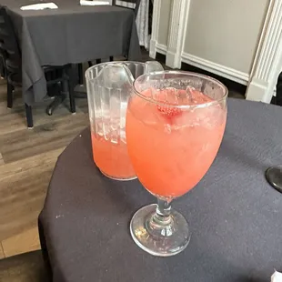 two glasses of drink on a table