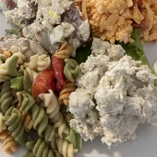 Salad sampler with potato, macaroni and chicken salads plus pimento cheese