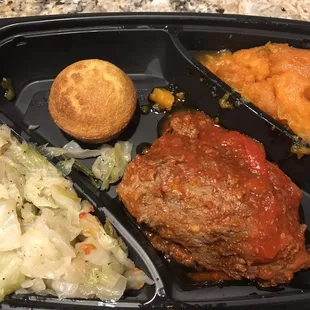 Meatloaf plate with cabbage and sweet potatoes, this meatloaf was done right, amazing tomato sauce