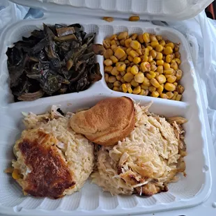 Chicken tetrazzini, greens, corn, cornbread muffin