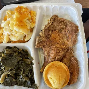 Pork chops, Collard Greens and Macaroni Cheese