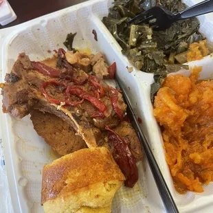Pork chops, green, sweet potatoes and cornbread