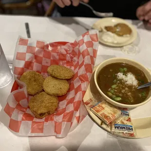 Fried green tomatoes a s a bowl of the best gumbo in Texas!