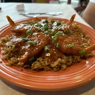 Bang bang shrimp on dirty rice