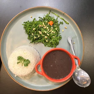 White rice, Feijoada (Brazilian Black Bean Stew) and collard greens