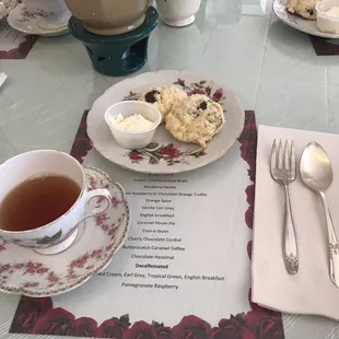 Chocolate chip scones with clotted cream and French caramel crème brûlée