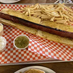 a hot dog and french fries