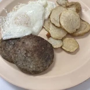 2 eggs, potatoes, and sausage patties