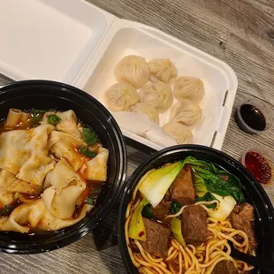 Chili Oil Wonton Soup, Braised Beef Noodle soup, and Soup dumplings