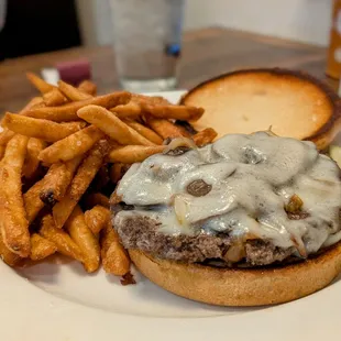 Swiss and Mushroom burger with fries. Mmmmm.