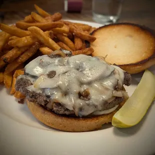 Swiss and Mushroom burger with fries. Mmmmm.