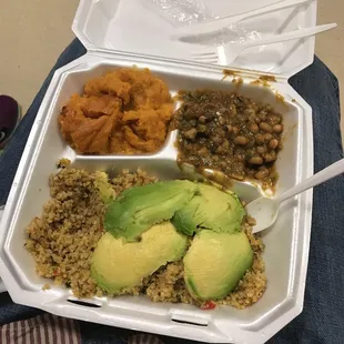 a meal in a styrofoam container