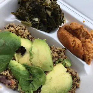 Mighty greens plate (quinoa with roasted veggies, avocado, collard/turnip/kale mix and mashed sweet potatoes)
