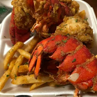 a lobster and french fries
