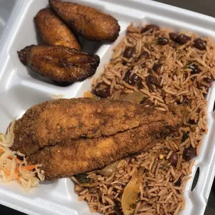 Jacmel * Fried fish entree with rice &amp; beans + sweet plaintains