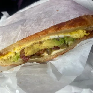 We got ham &amp; cheese croissants, with egg, bacon, avocado, &amp; jalapeños.