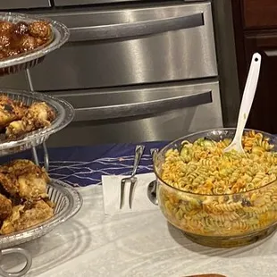 Meatballs, fried chicken, pasta salad, and Mac &amp; cheese