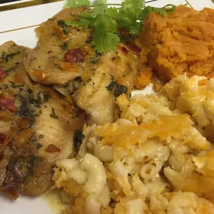 Baked tilapia, sweet potatoe soufflé, Mac n cheese