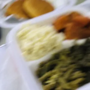 Potato Salad, Collard Greens, Green Beans, Yams