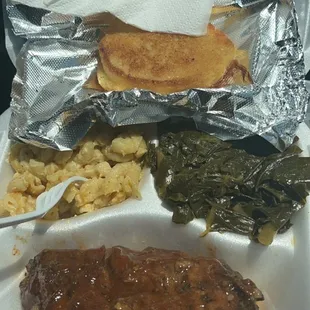 BBQ Ribs Macaroni and Cheese collard greens