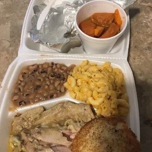 Turkey Wings, mac and cheese , black eye peas and candy yams