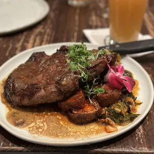 Ribeye special with sweet potato and kimchi collard greens