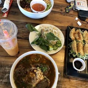Pan Fried dumplings, spicy pho, Thai tea
