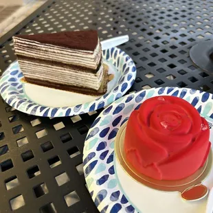 Tiramisu crêpe cake &amp; white chocolate, and strawberry rose mousse