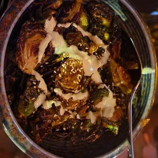 brussels sprouts Honey Soy garlic glaze with charred scallion sour cream