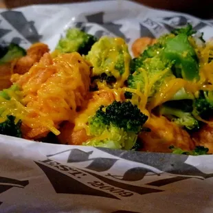 M$T Chicken Bowl (rice, chicken chunks) added broccoli, cheese and teriyaki sauce