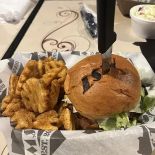 Bacon burger,  waffle fries with dry rub.