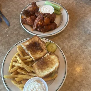 Fish sandwich and wings