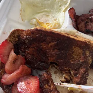 Over easy 3 French Toast with Meat and 2 Eggs Platter