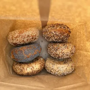 Sesame, everything, poppy, and onion bagels