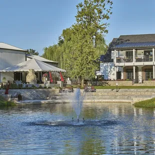 a fountain in the foreground