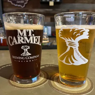 A pint of the NutBrown Ale and a pint of the Take Home  IPA