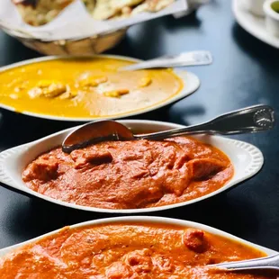 Butter Chicken Chicken Tiki Masala &amp; Shrimp Korma. With Garlic Naan.