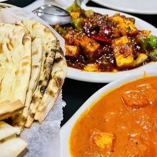 Paneer Tikka Masala, Chili Paneer and Matter Paneer (back) with Naan