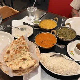 garlic naan, lamb korma, lamb saag, tikka masala