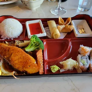 Box lunch with teriyaki salmon, good evn if the glaze was too gooey for me.