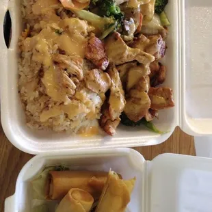 Chicken, veggies,rice and spring rolls