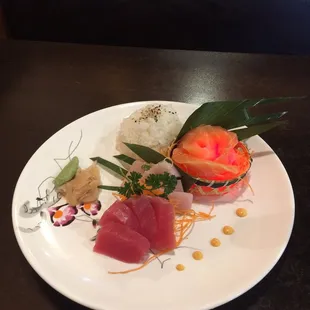 Sashimi trio. Tuna, salmon, yellowtail plus steamed rice with miso soup and house salad for $17.95