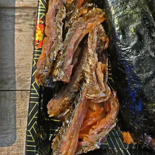 Salmon skin found inside a salmon skin roll