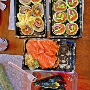 My feast!! Naruto Rolls, Unagi Handrolls (no rice) and 3 orders of salmon sashimi