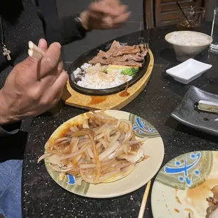 Chicken Teriyaki dinner. Second plate is the onion we had to remove